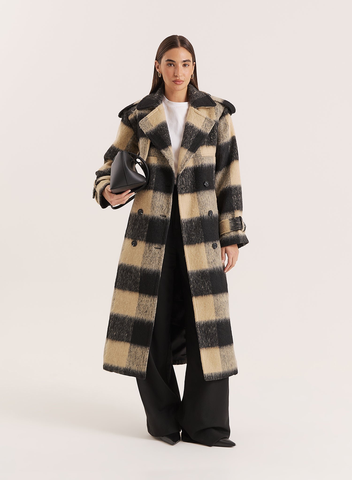 Black And Beige Wide-Checked Belted Trench Coat- Carey