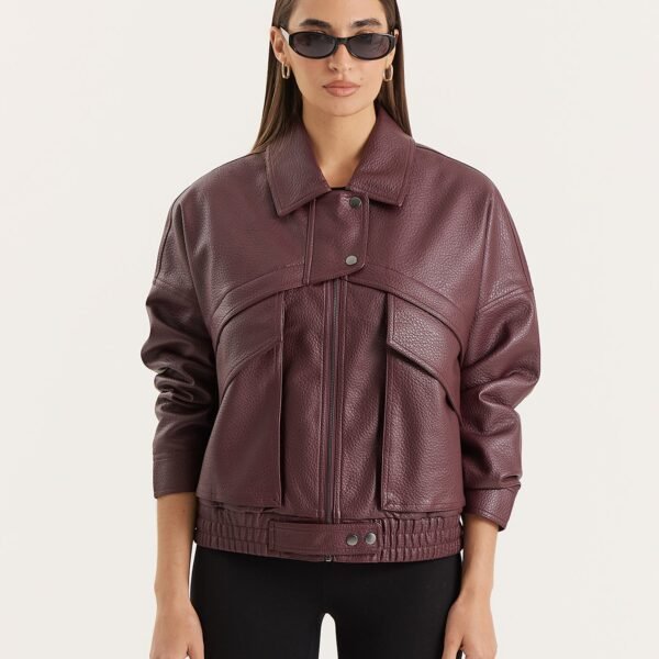 Burgundy Textured Faux Leather Cropped Jacket- Kerry