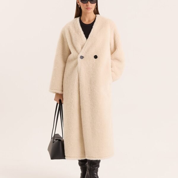 Cream Shearling Longline Buttoned Coat- Bobby