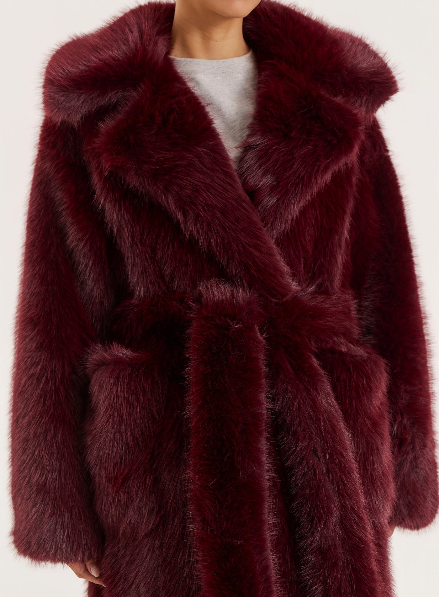Second image of Burgundy Faux Fur Belted Longline Coat- Schiffer