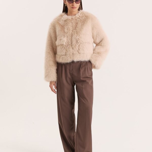 Beige Faux Fur Cropped Jacket- Reysha
