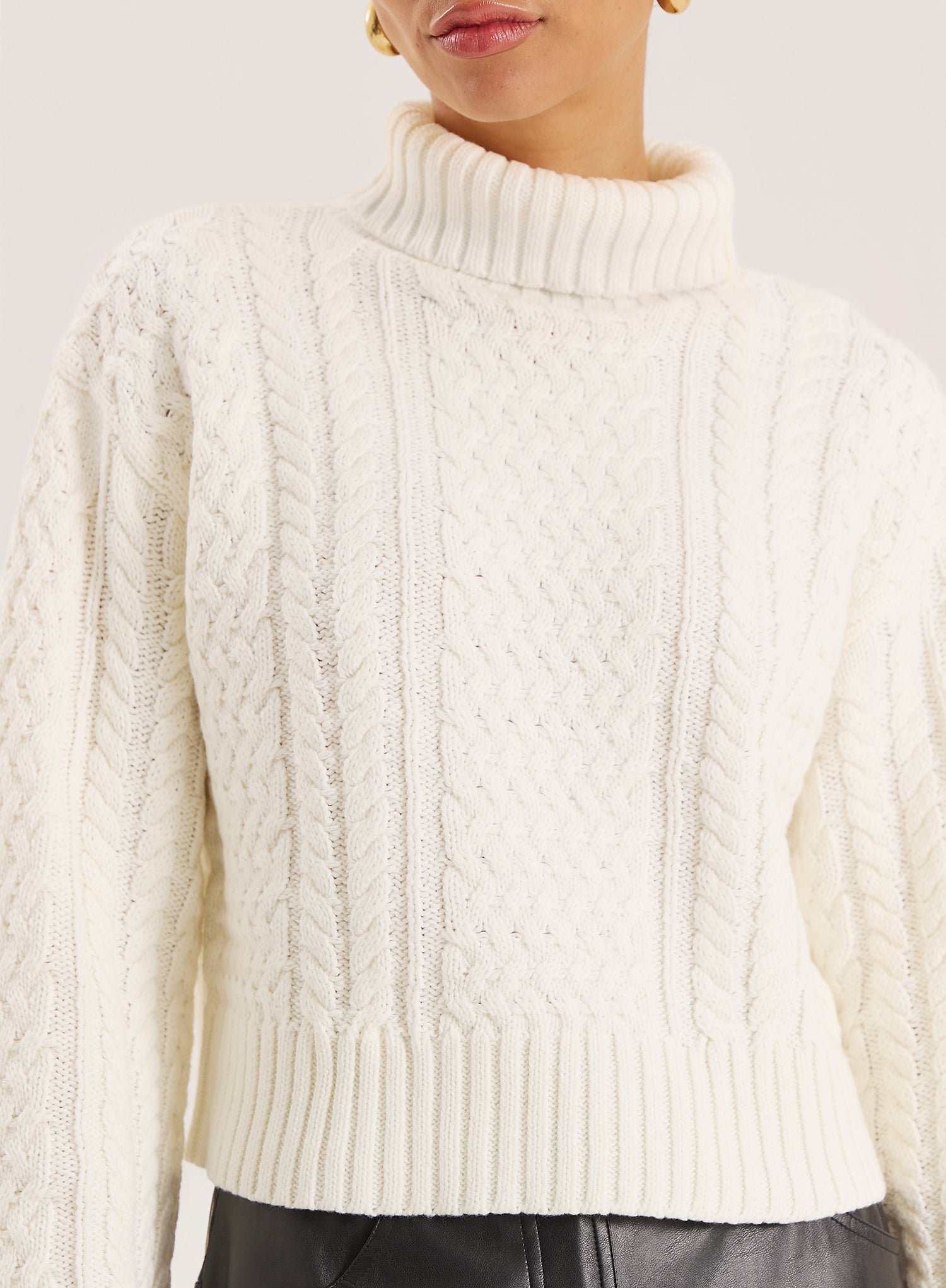 Second image of Cream Chunky Knit Turtle Neck Crop Jumper- Ethel