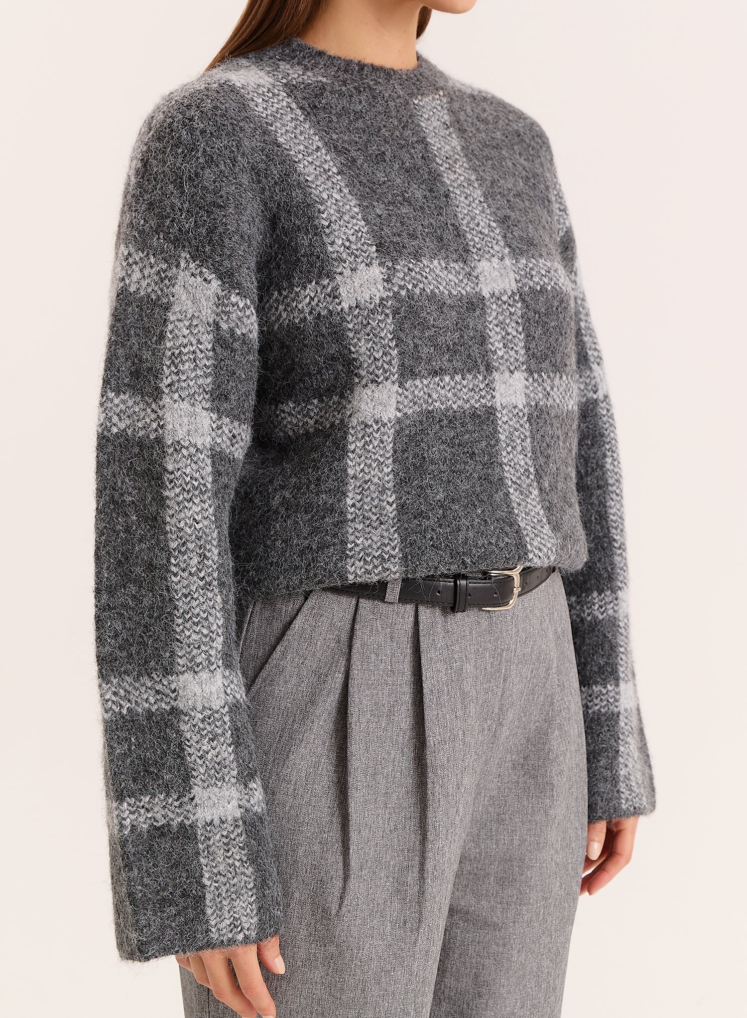 Second image of Grey Checked Wide-Sleeved Jumper- Adrian