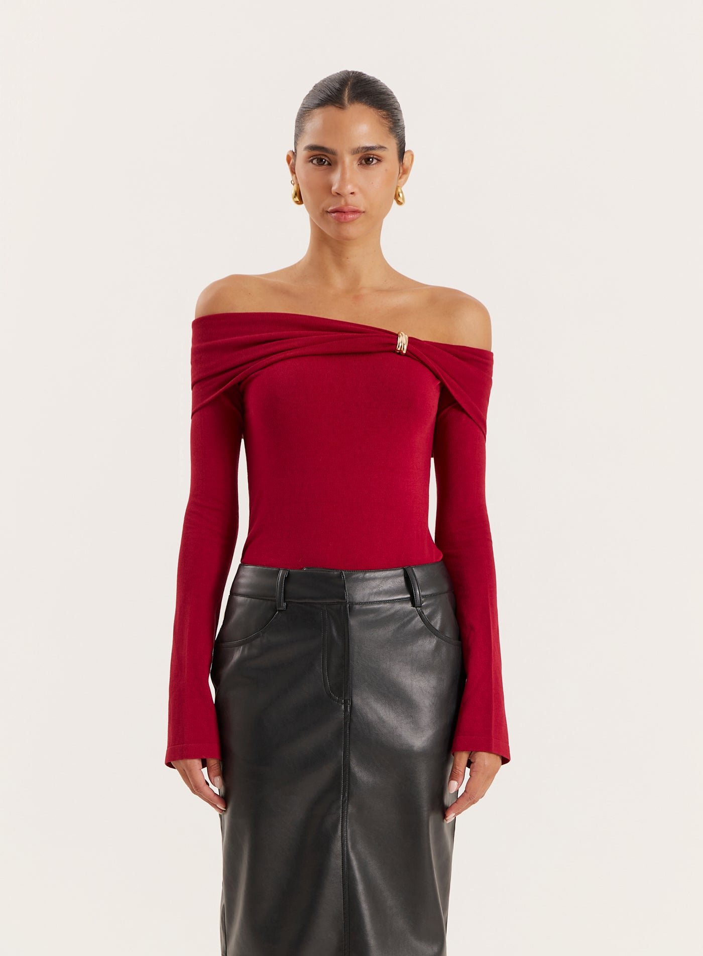 Red Gold Hardware Detail Knitted Long Sleeve Top- Virgo