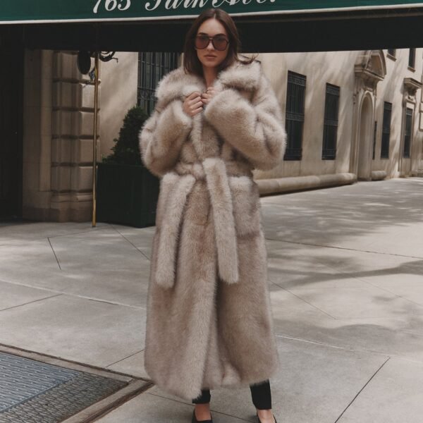 Beige Faux Fur Oversized Tie Waist Maxi Coat- Schiffer