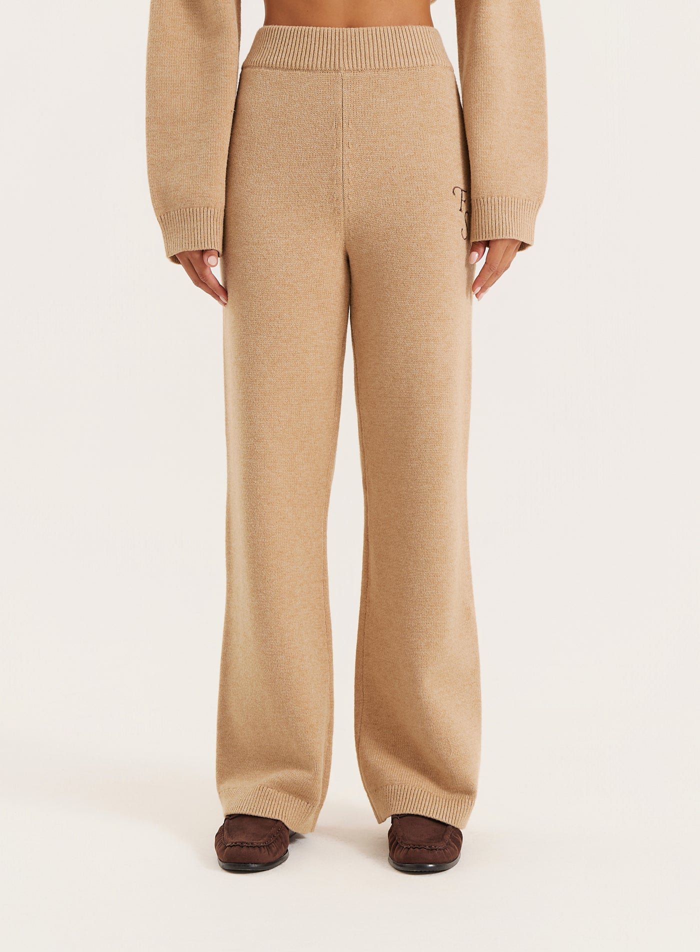 Second image of Camel Knitted Fourth Studio Wide Leg Trousers- Jackson