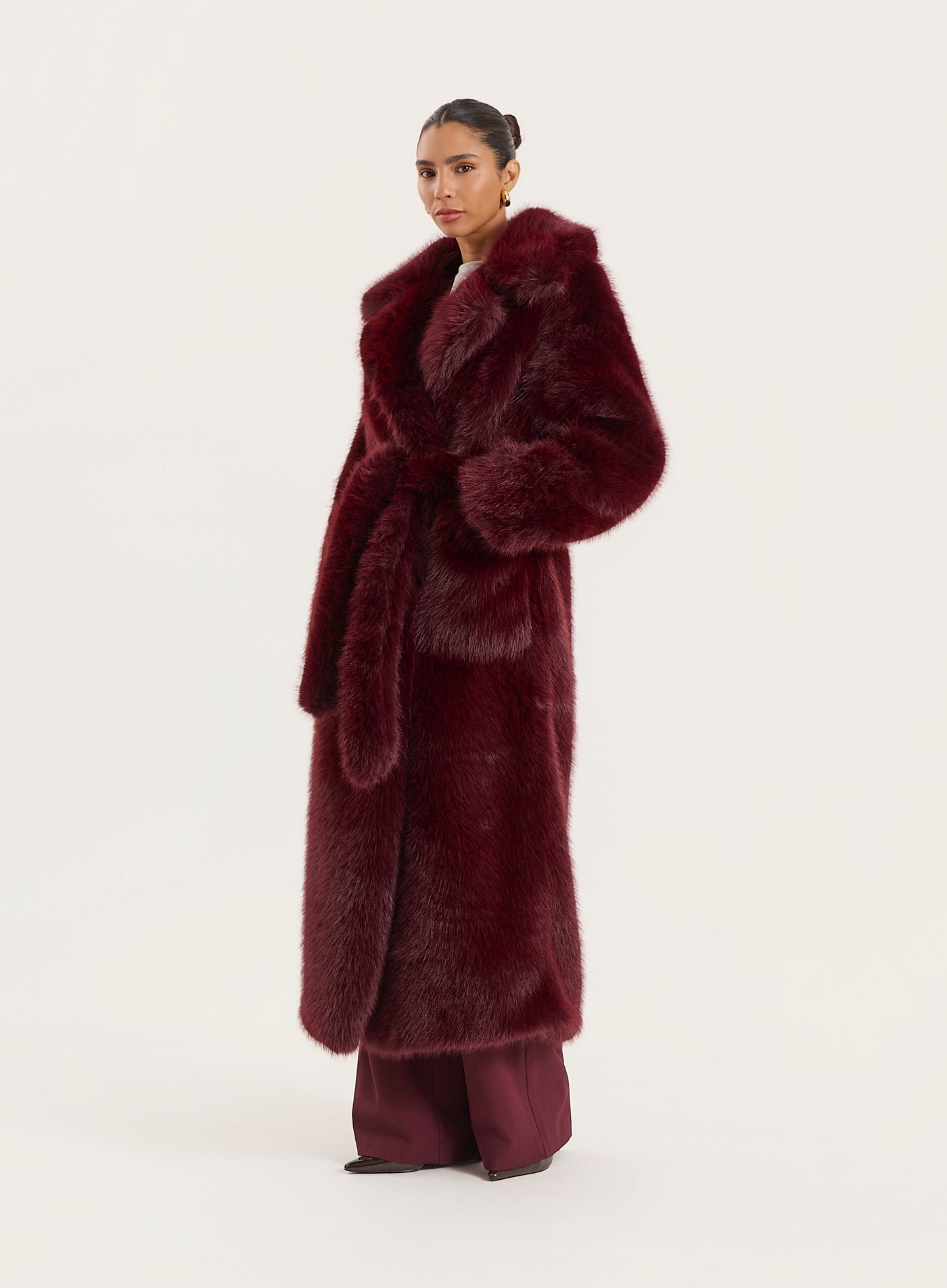 Burgundy Faux Fur Belted Longline Coat- Schiffer