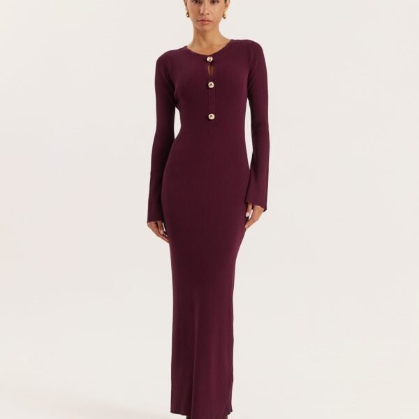 Plum Cut-out Flare Sleeved Knitted Maxi Dress- Rita