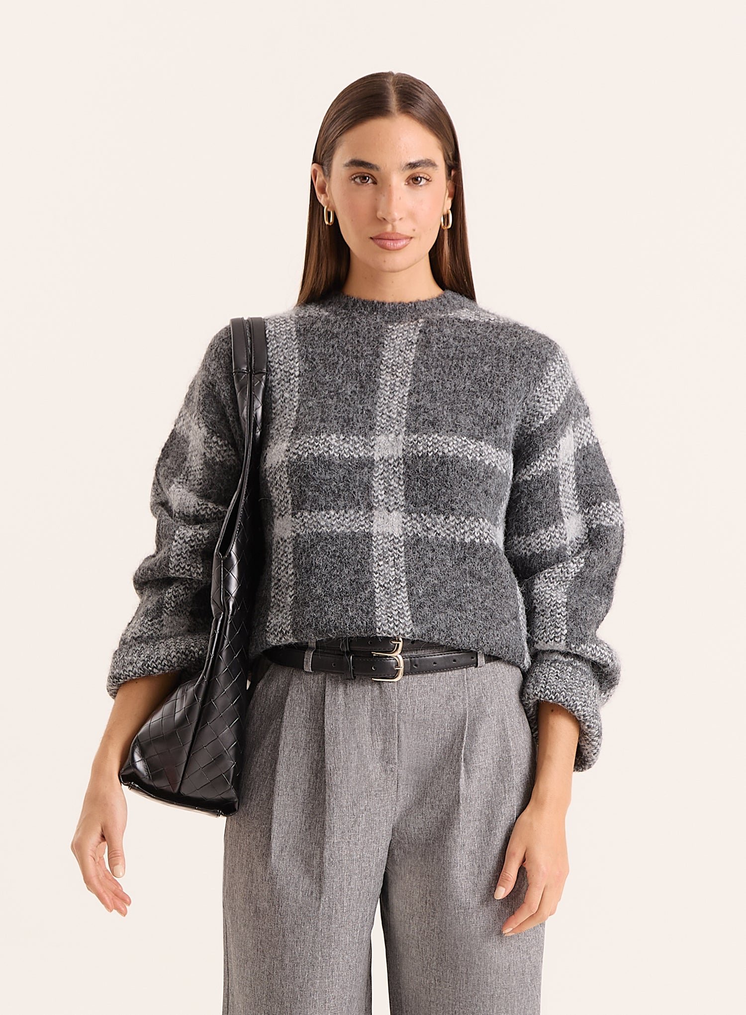 Grey Checked Wide-Sleeved Jumper- Adrian