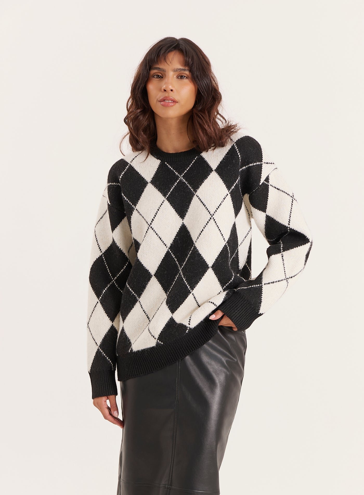 Second image of Black And Cream Knitted Argyle Crew Neck Jumper- Molly