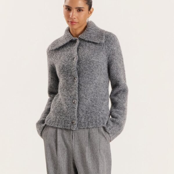 Dark Grey Knitted Collared Cardigan- Carson