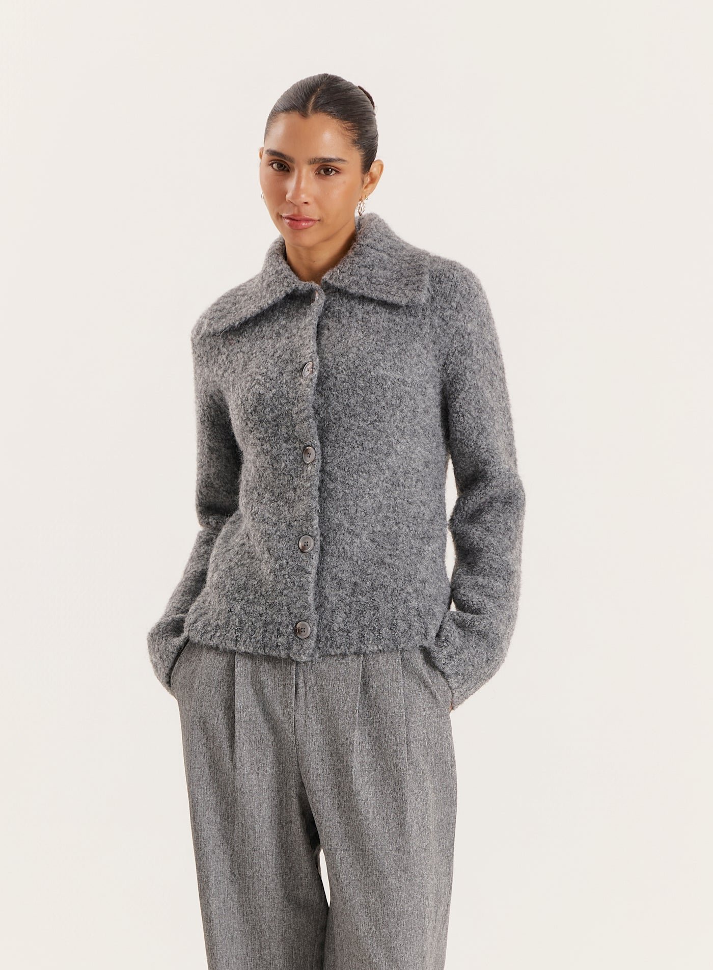 Dark Grey Knitted Collared Cardigan- Carson