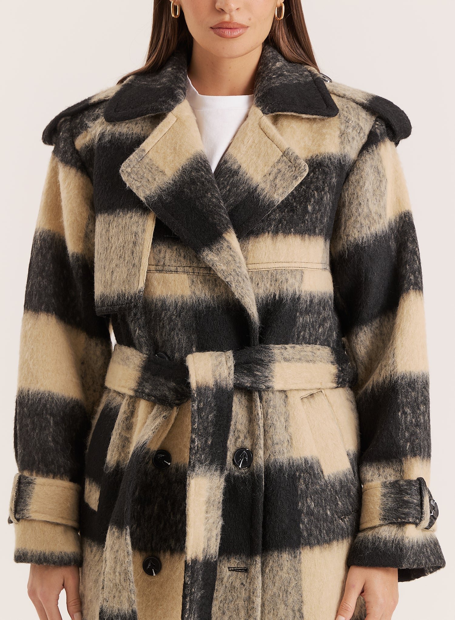 Second image of Black And Beige Wide-Checked Belted Trench Coat- Carey